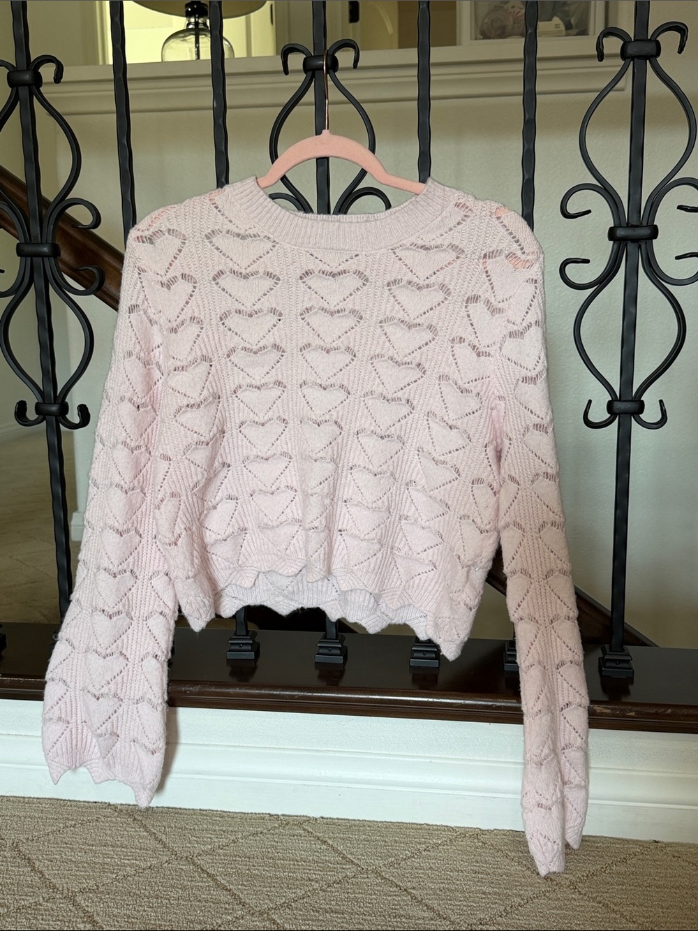 Hooked Up by IOT Light Pink Open-Knit Heart Crewneck Sweater